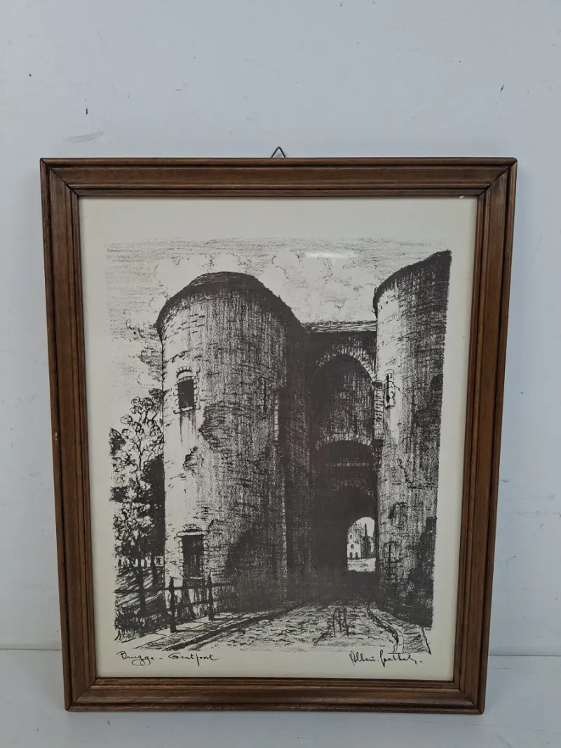 Sfeervol Brugs Stadsgezicht: "Gentpoort te Brugge" – Grafische Prent naar Albert Geudens (1869–1949) – kavel bij De Kringwinkel, Waardamme