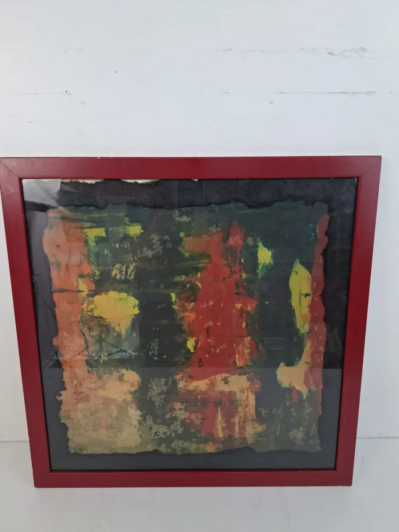 Krachtig Abstract Kunstwerk: "Explosie van Kleur" – Ingelijst Mixed Media op Handgeschept Papier – kavel bij De Kringwinkel, Waardamme