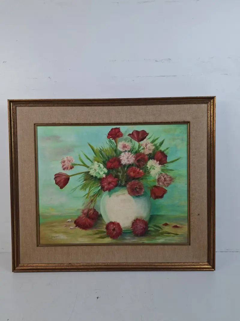 Sfeervol Klassiek Bloemstilleven: Anjers in Vaas – Origineel Olieverf uit 1977 (Gesigneerd) – kavel bij De Kringwinkel, Waardamme