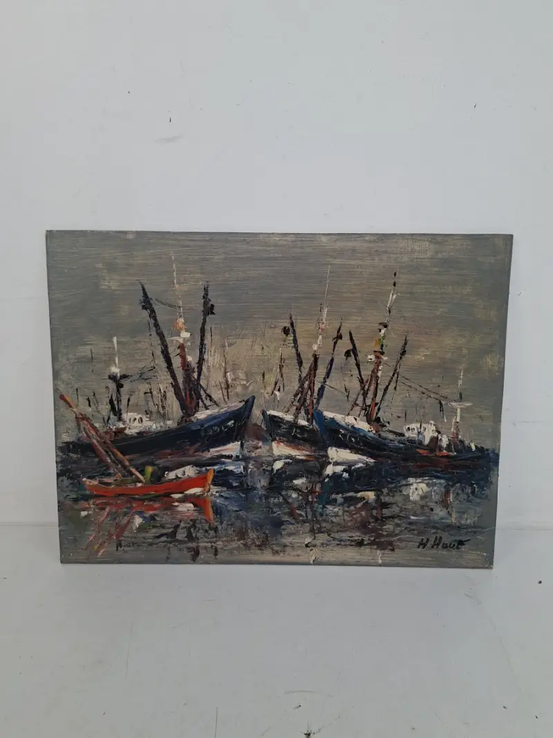 Sfeervol Maritiem Schilderij: Boten in de Haven – Olieverf op Paneel (Gesigneerd H. Houf) – kavel bij De Kringwinkel, Waardamme