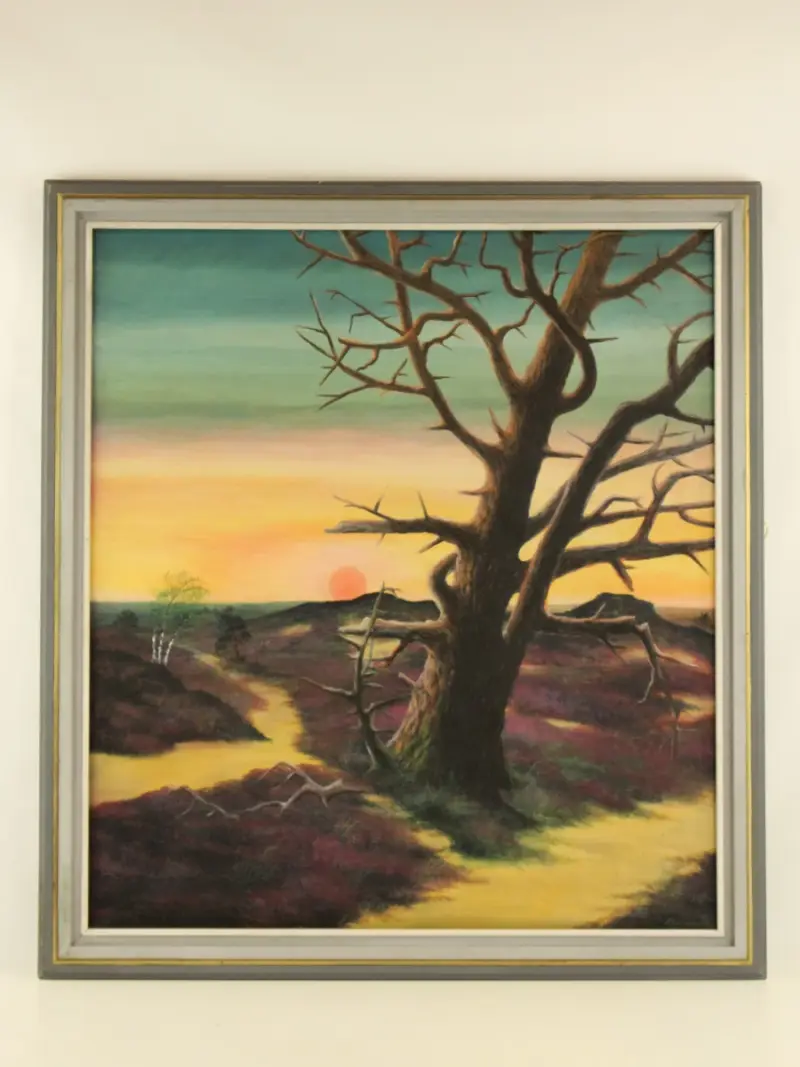 Groot heidelandschap bij zonsondergang - gesigneerd J. Timmermans – kavel bij De Kringwinkel, Antwerpen