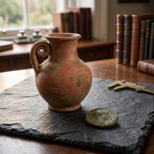 Antieke stenen kruik en oude munt op een stenen ondergrond – archeologie- en geschiedenisveilingen in de veilingkalender van Geveild.com