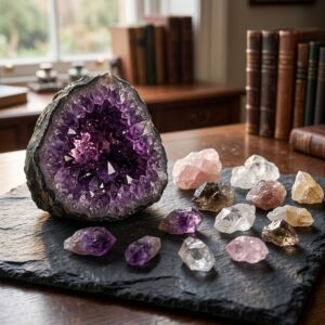 Kristallen en een amethistgeode op een donkere ondergrond – mineralen- en fossielenveilingen in de veilingkalender van Geveild.com