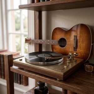 Platenspeler met een vinylplaat en een akoestische gitaar – muziek- en vinylveilingen in de veilingkalender van Geveild.com