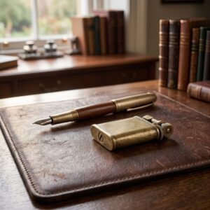 Vulpen en aansteker op een leren onderlegger – veilingen van pennen en aanstekers in de veilingkalender van Geveild.com