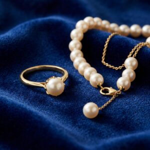 Gouden ring en parelketting op fluweel – sieradenveilingen in de veilingkalender van Geveild.com